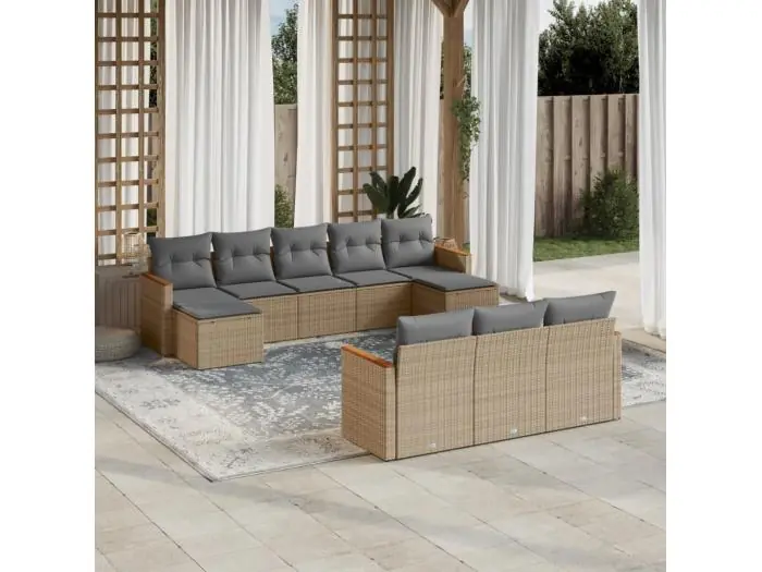 10-delige Loungeset met kussens poly rattan beige