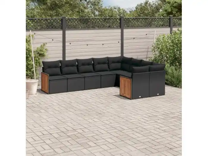 9-delige Loungeset met kussens poly rattan zwart