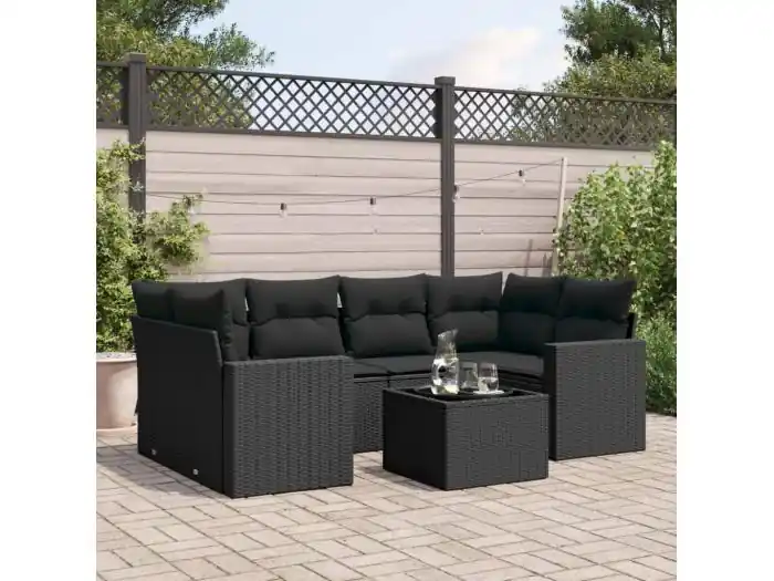 7-delige Loungeset met kussens poly rattan zwart