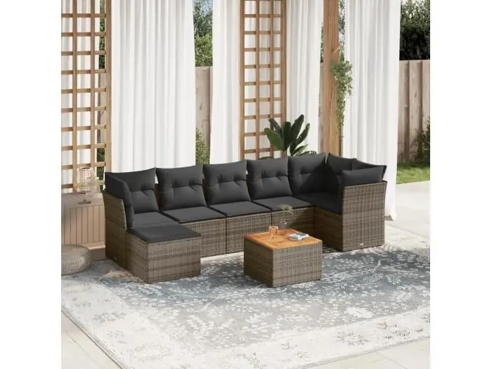 8-delige Loungeset met kussens poly rattan grijs