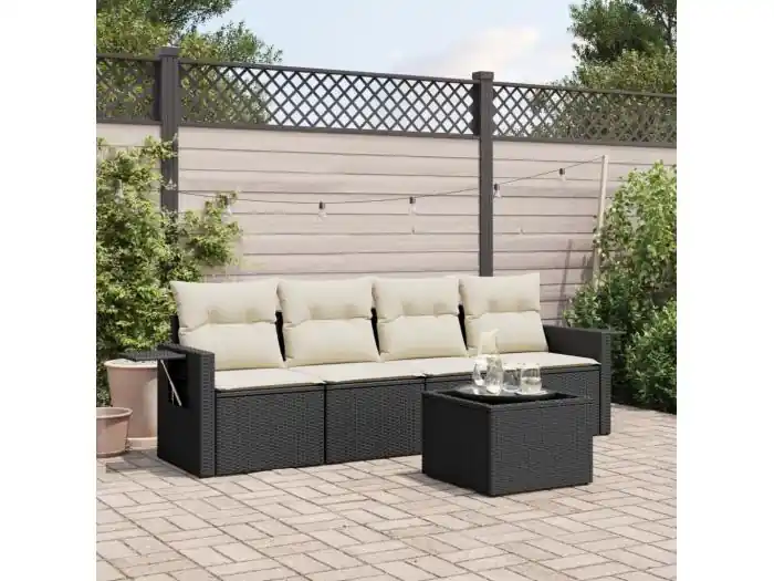5-delige Loungeset met kussens poly rattan zwart