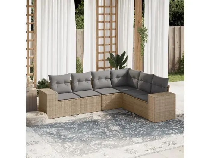 6-delige Loungeset met kussens poly rattan beige