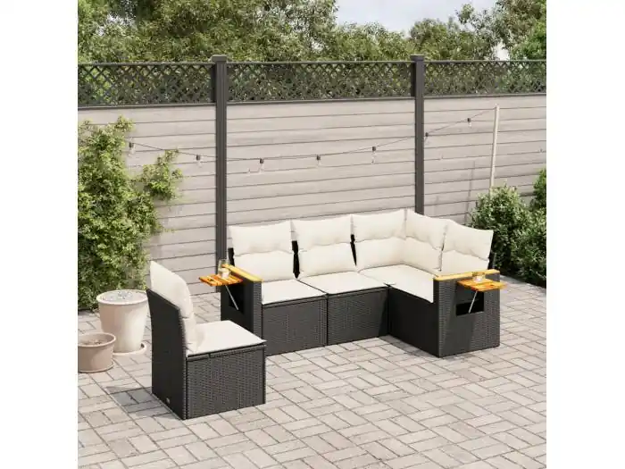 5-delige Loungeset met kussens poly rattan zwart