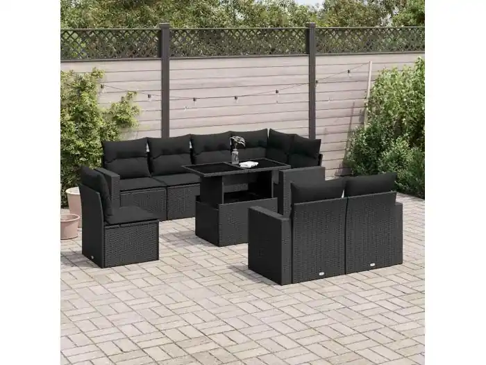 9-delige Loungeset met kussens poly rattan zwart