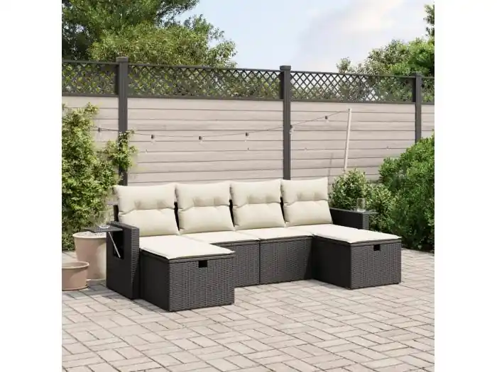 6-delige Loungeset met kussens poly rattan zwart
