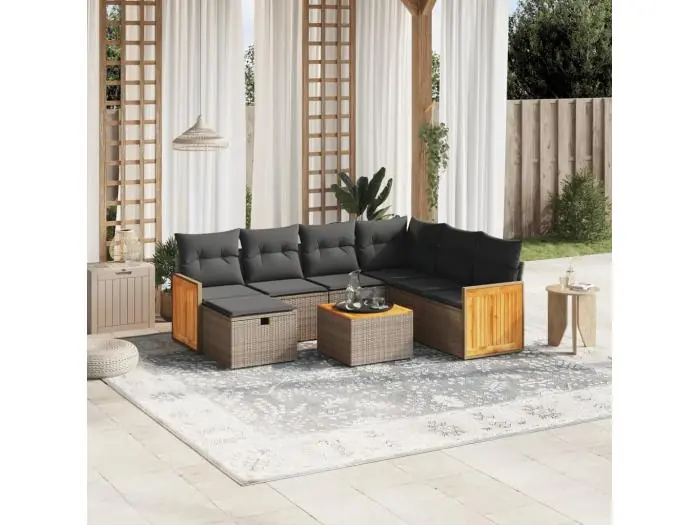 8-delige Loungeset met kussens poly rattan grijs