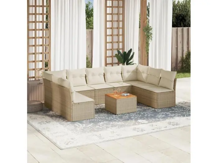 10-delige Loungeset met kussens poly rattan beige