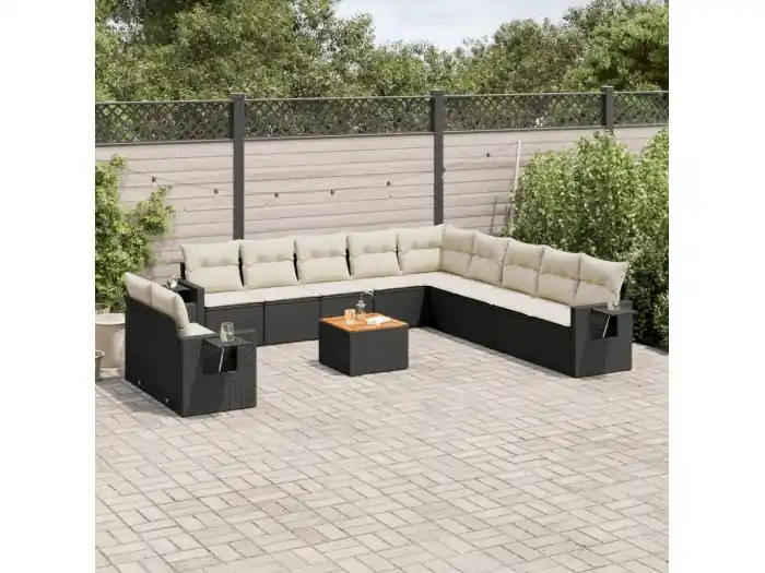 12-delige Loungeset met kussens poly rattan zwart