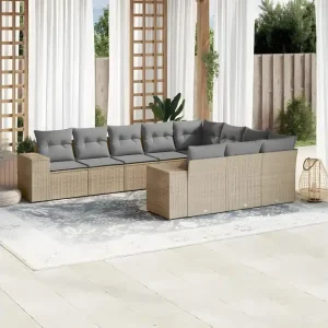 10-delige Loungeset met kussens poly rattan beige