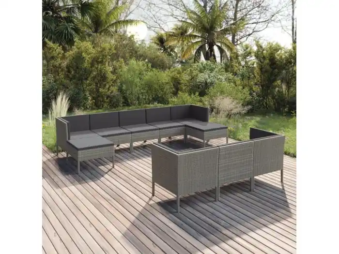 10-delige Loungeset met kussens poly rattan grijs
