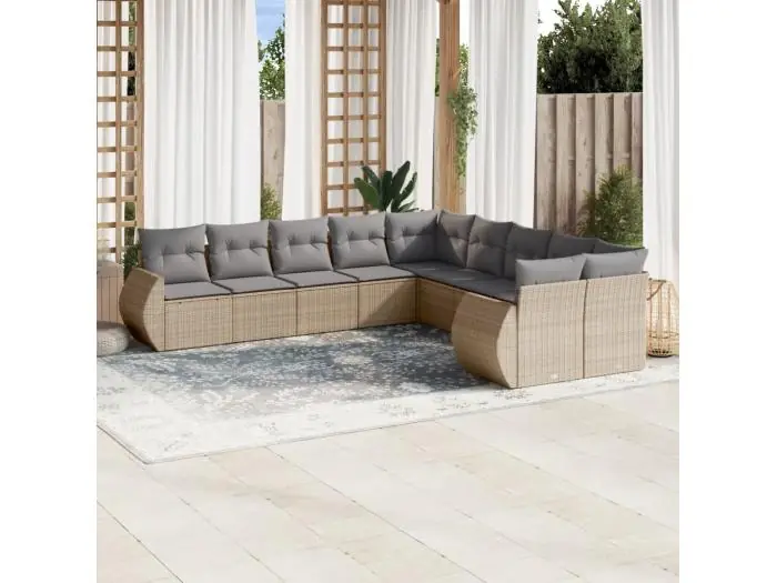 10-delige Loungeset met kussens poly rattan beige