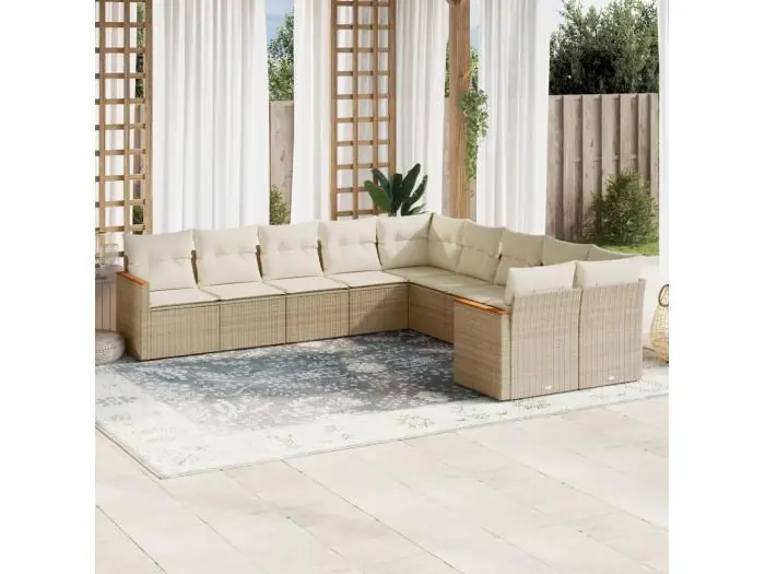10-delige Loungeset met kussens poly rattan beige