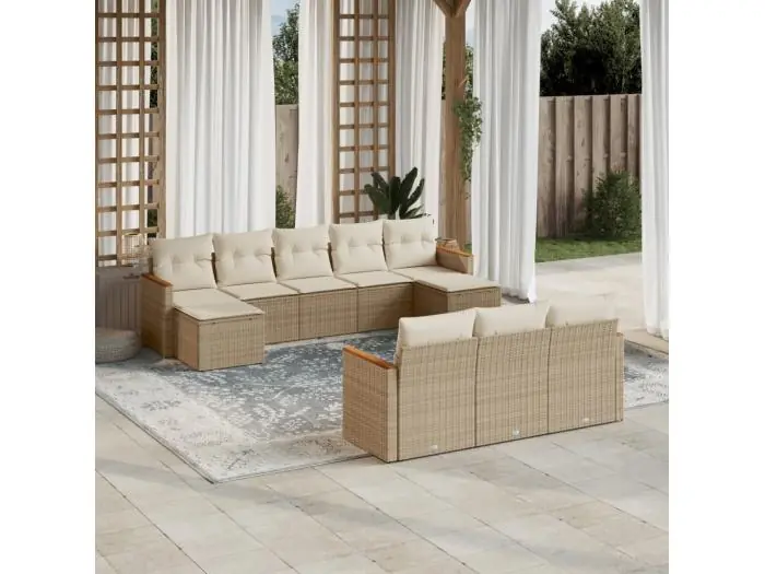10-delige Loungeset met kussens poly rattan beige