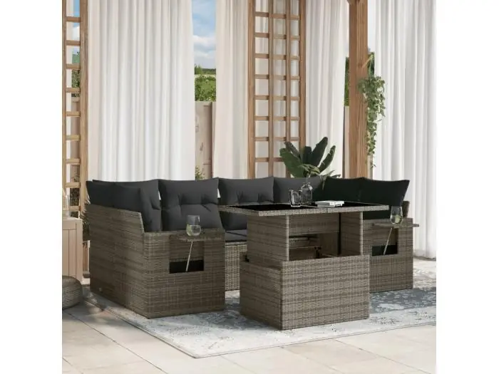 7-delige Loungeset met kussens poly rattan grijs