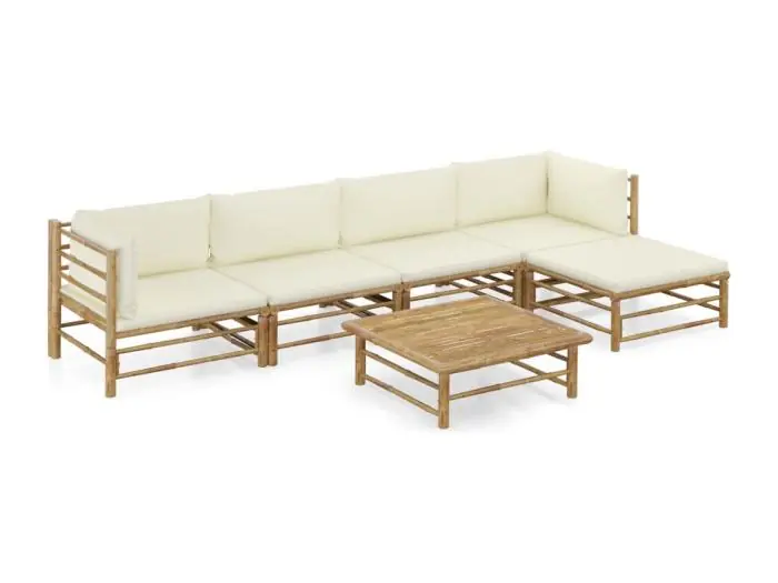 6-delige Loungeset met crèmewitte kussens bamboe