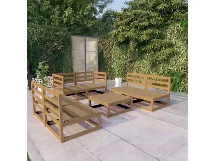 7-delige Loungeset massief grenenhout honingbruin