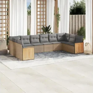 10-delige Loungeset met kussens poly rattan beige