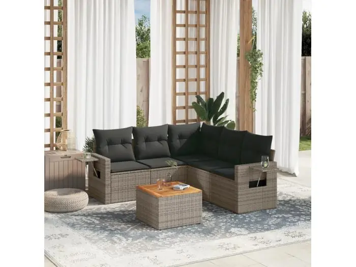 6-delige Loungeset met kussens poly rattan grijs
