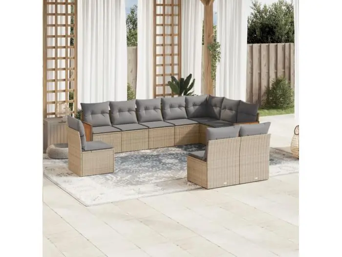 10-delige Loungeset met kussens poly rattan beige
