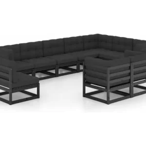 10-delige Loungeset met kussens massief grenenhout zwart