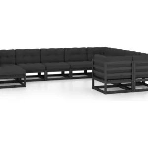 10-delige Loungeset met kussens massief grenenhout zwart