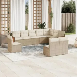 10-delige Loungeset met kussens poly rattan beige