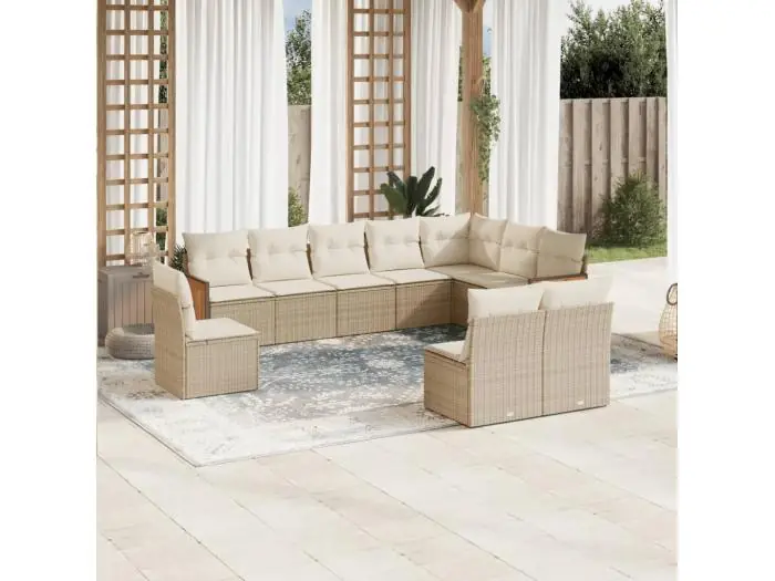10-delige Loungeset met kussens poly rattan beige