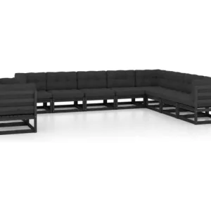 10-delige Loungeset met kussens massief grenenhout zwart