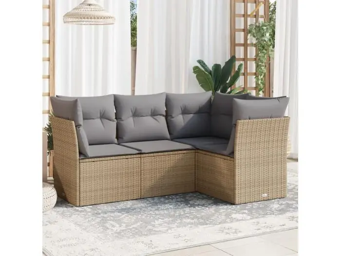 4-delige Loungeset met kussens poly rattan beige