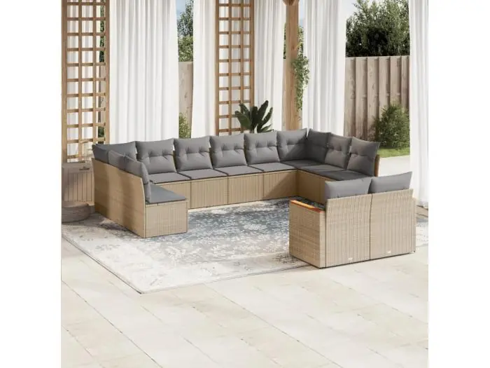 12-delige Loungeset met kussens poly rattan gemengd beige
