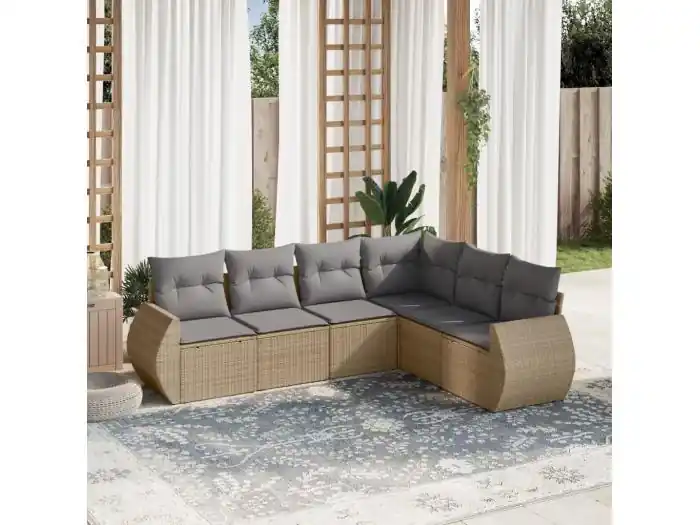 6-delige Loungeset met kussens poly rattan beige