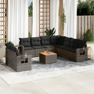 10-delige Loungeset met kussens poly rattan grijs