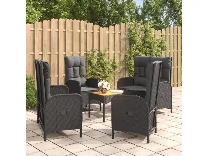 5-delige Tuinset met kussens poly rattan zwart