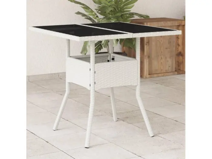 Tuintafel met glazen blad 80x80x75 cm poly rattan wit