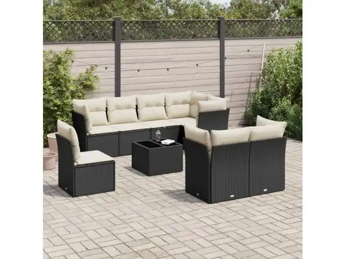 9-delige Loungeset met kussens poly rattan zwart