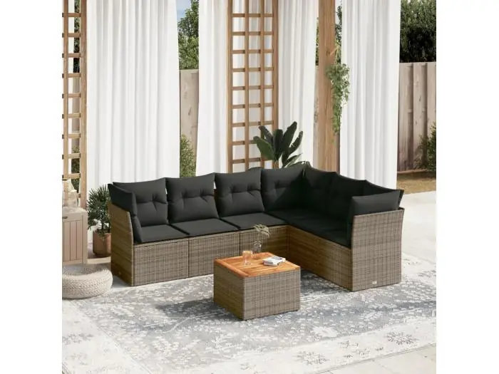 7-delige Loungeset met kussens poly rattan grijs