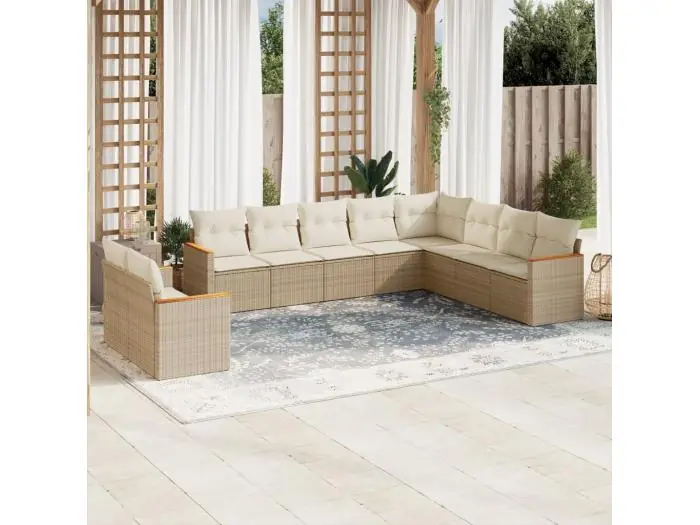 10-delige Loungeset met kussens poly rattan beige