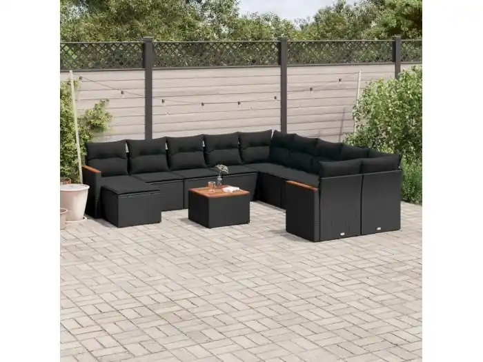 12-delige Loungeset met kussens poly rattan zwart