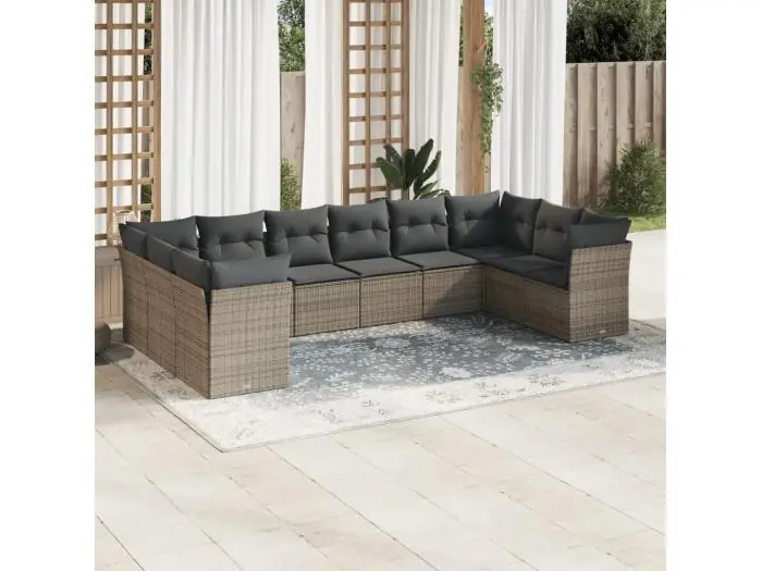 10-delige Loungeset met kussens poly rattan grijs
