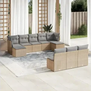 10-delige Loungeset met kussens poly rattan beige