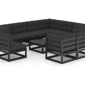 10-delige Loungeset met kussens massief grenenhout zwart
