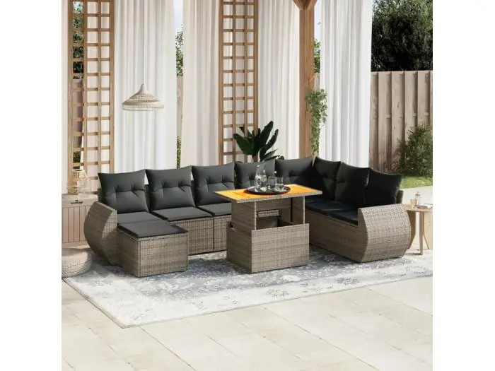 9-delige Loungeset met kussens poly rattan grijs