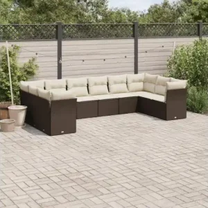 10-delige Loungeset met kussens poly rattan bruin