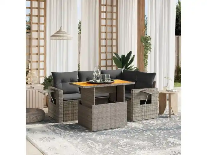 5-delige Loungeset met kussens poly rattan grijs