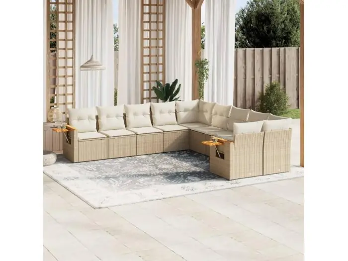 10-delige Loungeset met kussens poly rattan beige