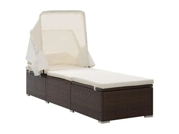 Ligbed met luifel en kussen poly rattan bruin