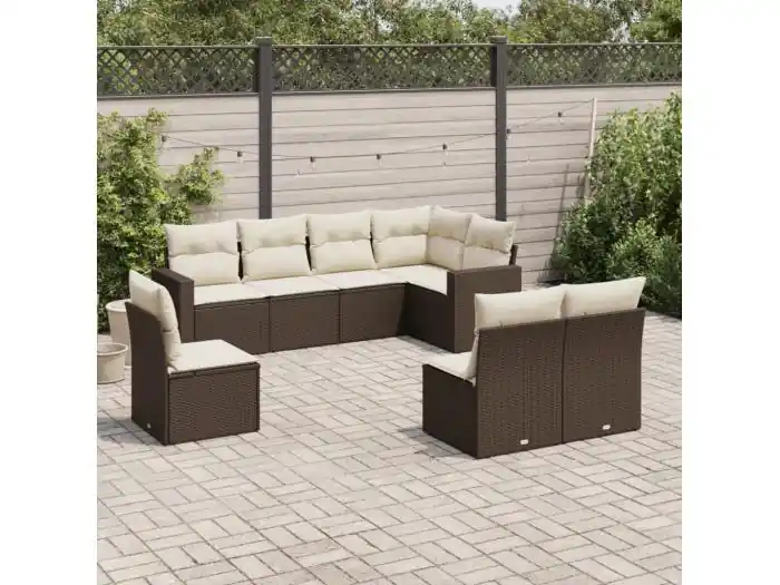8-delige Loungeset met kussens poly rattan bruin