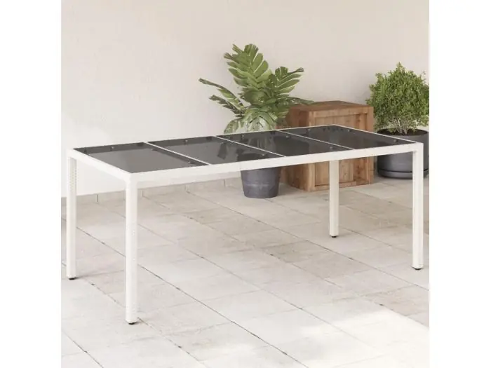 Tuintafel met glazen blad 190x90x75 cm poly rattan wit