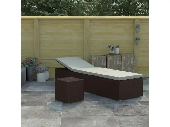 Ligbed met kussen en theetafel poly rattan bruin