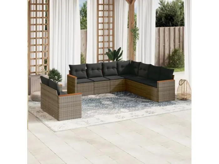 9-delige Loungeset met kussens poly rattan grijs